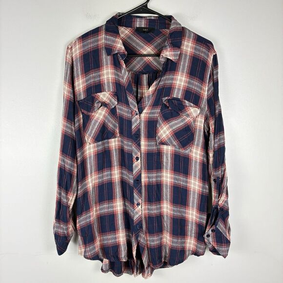 Plaid Top Womens Large Shirt Button Up Roll Tab Light Blue Red Western Boho - Picture 1 of 7